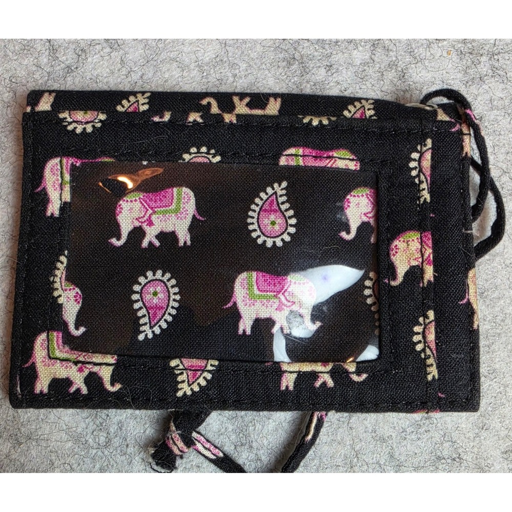 Vera Bradley Java Blue Elephant Paisley ID Case Lanyard Wallet Black Pink - Picture 2 of 5